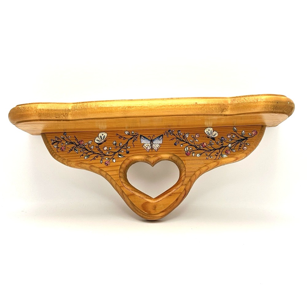 Vintage Wood Wall Shelf Heart Cutout Floral Butterfly Cottage Country Decor